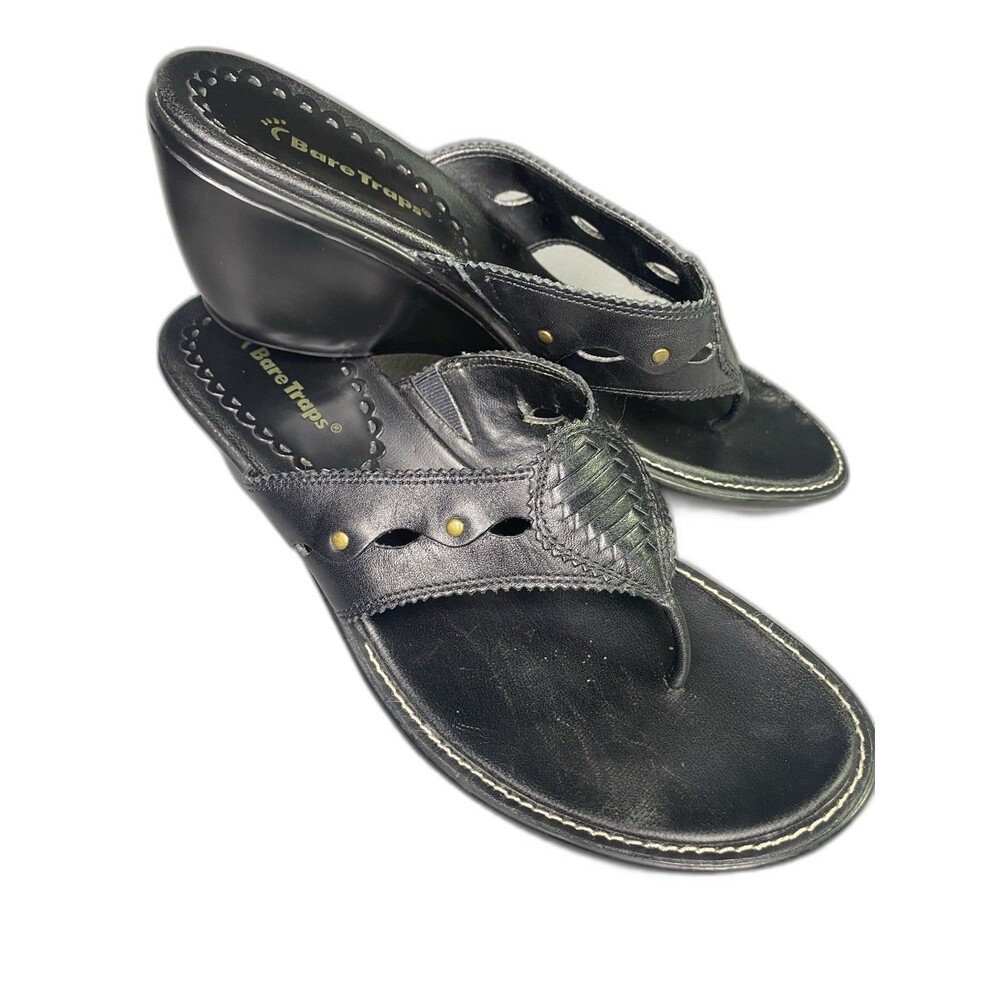 Baretraps Leather Sandals Womens 9 Thongs Slip-on Low Wedge Heel Black